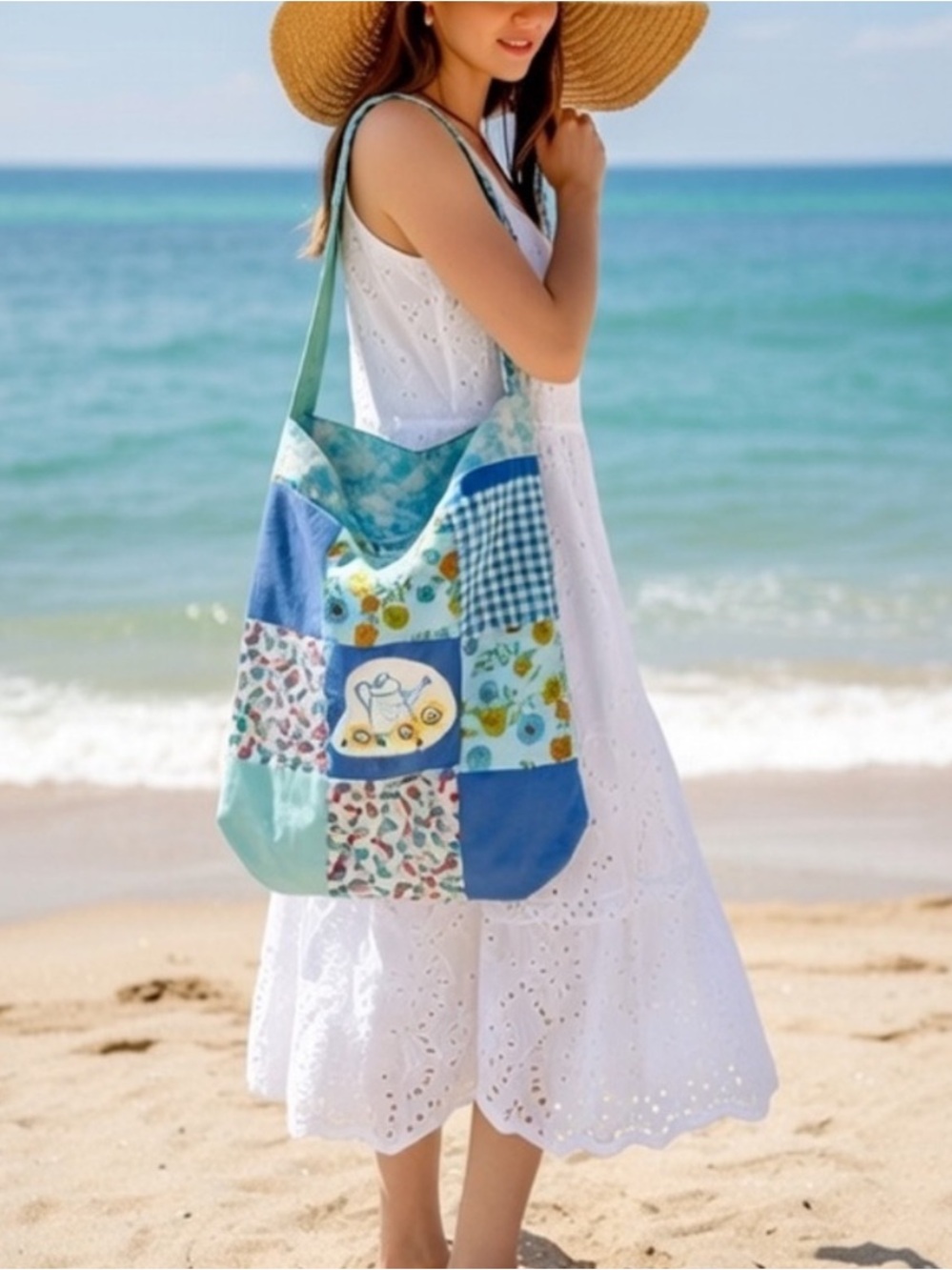 Beach Slouchy Tote Bag Vintage Patchwork Handmade